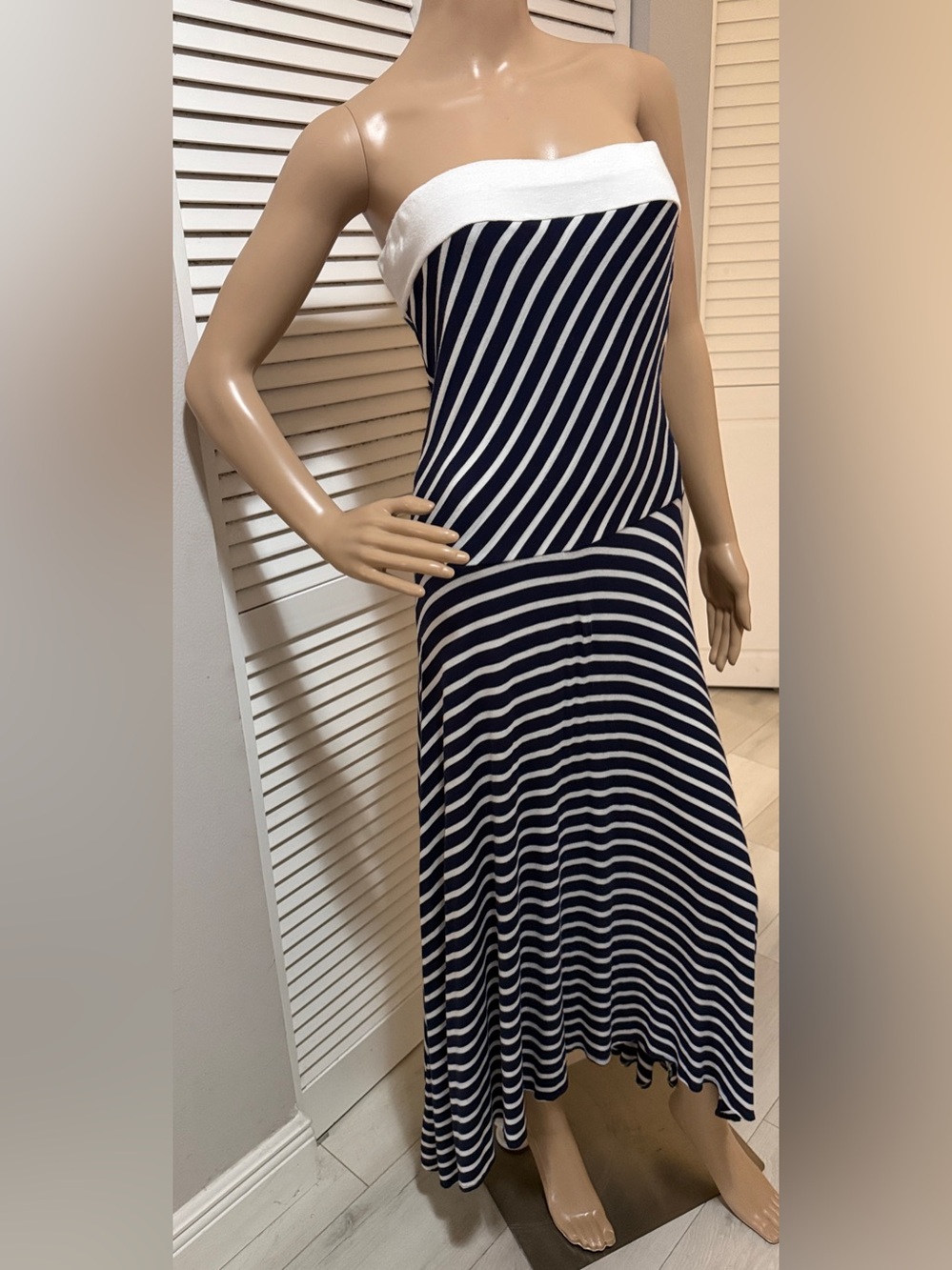 Joseph Walker Strapless Navy White Striped Asymmetrical Midi Dress M